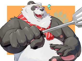 anthro belly chef cooking eyes_closed eyewear glasses male moobs nipples overweight pawpads smile solo spatula tools reservation_art mihoyo zenless_zone_zero pan_yinhu bear giant_panda mammal 4:3 absurd_res hi_res
