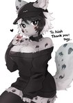 absolute_territory anthro arm_tuft bare_shoulders baseball_cap big_breasts biped black_clothing black_collar black_eyes black_hair black_headwear black_legwear black_spots black_topwear blush breasts cheek_markings claws cleavage clothed clothing collar ears_through_headwear facial_markings female fluffy fluffy_hair fluffy_tail footwear fur furgonomics grey_body grey_fur hair hand_to_face handpaw hat head_markings headgear headwear heart_symbol inner_ear_fluff leg_tuft legwear long_sleeves looking_at_viewer markings multicolored_body multicolored_fur multicolored_hair neck_tuft open_mouth owo pawpads paws raised_tail short_hair simple_background sleeves_past_wrists socks solo spots sweater_dress tail text thick_thighs thigh_highs topwear tuft two_tone_body two_tone_fur two_tone_hair white_background white_hair 115meg felid mammal pantherine snow_leopard absurd_res artist_name commissioner_name hi_res