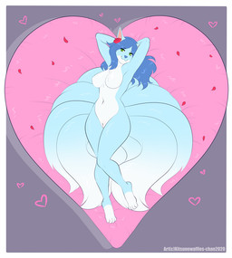 anthro arms_bent bed bedding bent_leg blue_body blue_fur blue_hair breasts extended_leg female flower fur furniture genitals green_eyes hair hands_behind_head heart_bed heart_symbol hearts_around_body hearts_around_entire_body looking_at_viewer lying multi_tail navel nude on_back outline_heart petals plant raised_arms rose_(flower) rose_petals smile smiling_at_viewer solo tail vulva kitsunewaffles-chan naomi_(str8aura) canid canine fox mammal 2020 dated digital_media_(artwork) shaded