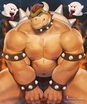 2021 2_horns anthro armband barazoku belly big_muscles black_background boo_(mario) bowser bracelet bulge clothing collar dsharp_k eyebrows fire ghost group hair horn huge_muscles jewelry koopa looking_at_viewer male mario_bros musclegut muscular muscular_anthro muscular_male navel nintendo nipples open_mouth pecs scalie sharp_teeth shell simple_background sitting smile smoke solo_focus spiked_armband spiked_bracelet spiked_collar spiked_shell spikes spikes_(anatomy) spirit teeth text thick_thighs thong tongue tongue_out trio underwear url