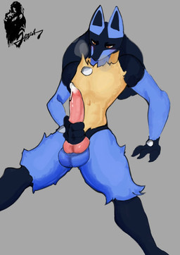 animal_genitalia animal_penis anthro big_penis black_body black_fur blue_body blue_fur bodily_fluids canine_genitalia canine_penis detailed_anatomy erection front_view fur genital_fluids genitals grey_background knot looking_at_viewer male masturbation paws penis precum simple_background solo standing yellow_body yellow_fur 5sizes digital_monsters nintendo pokemon fan_character generation_4_pokemon lucario pokemon_(species)