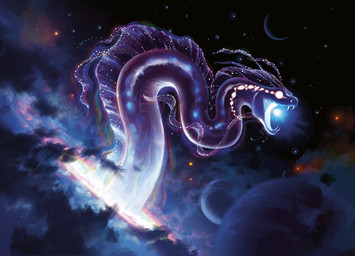 ambiguous_gender antennae_(anatomy) cloud fangs feral glowing glowing_eyes glowing_mouth open_mouth planet purple_body solo space star teeth tamberella hasbro magic:_the_gathering wizards_of_the_coast reptile scalie snake 2024 digital_media_(artwork) hi_res official_art