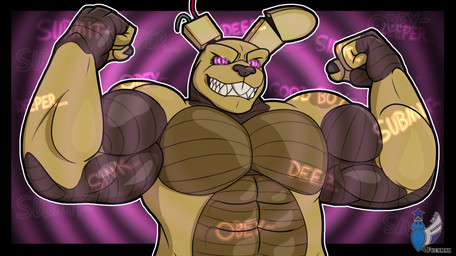 abs biceps fangs flexing flexing_bicep flexing_both_biceps flexing_muscles flexing_pecs hypnosis hypnotic_eyes machine male mind_control muscular muscular_male pecs smiley_face teeth teeth_showing text fuenmax five_nights_at_freddy's five_nights_at_freddy's_3 scottgames springtrap_(fnaf) animatronic lagomorph leporid mammal rabbit robot english_text hi_res