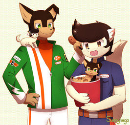 3_toes 4_fingers anthro belt black_body black_fur black_hair black_nose black_pawpads blue_bottomwear blue_clothing blue_topwear bottomwear brown_body brown_eyes brown_fur brown_nose cheek_tuft chest_tuft claws clothed clothing cloudco countershade_face countershade_tail countershade_torso countershading eyebrows facial_tuft fangs feet feral fingers food front_view fully_clothed fur green_eyes group hair half-closed_eyes hand_on_hip head_tuft holding_object larger_male long_hair looking_at_viewer looking_down male multicolored_body multicolored_fur name_tag narrowed_eyes open_mouth pants pawpads pink_tongue size_difference smaller_male straddling tail tan_body tan_countershading teeth text toes tongue tongue_out topwear tuft two_tone_body two_tone_fur two_tone_tail whiskers white_body white_bottomwear white_clothing white_fur white_tail sunnynoga buddy_thunderstruck_(series) buddy_thunderstruck_(character) darnell_(buddy_thunderstruck) canid canine canis domestic_dog domestic_ferret mammal mustelid musteline true_musteline weasel english_text half-length_portrait portrait signature