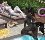 2018 5_fingers alexis_(jaiyikendra) anthro areola black_hair blonde_hair breasts brown_eyes butt chair day detailed_background digital_media_(artwork) duo equid equine felid female fingers furniture hair horn hybrid looking_at_viewer lounge_chair lying mammal mythological_creature mythological_equine mythology navel neysa_(jaiyikendra) nipples on_back outside purple_eyes robyn_paperdoll smile unicorn water