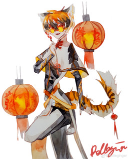 ambiguous_gender anthro black_body clothing eyewear fur glasses hair holding_object lamp lantern looking_at_viewer multicolored_body multicolored_fur multicolored_hair orange_body orange_fur orange_hair simple_background smile solo white_background white_body white_fur white_hair rolleginger arknights hypergryph studio_montagne waai_fu_(arknights) felid mammal pantherine tiger absurd_res hi_res watermark female_(lore)