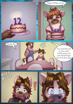 angry anthro birthday birthday_cake cake dessert dialogue female food happy_birthday living_room smile text young young_anthro young_female liryal ruaha_(lyrial) hyena mammal absurd_res comic english_text hi_res daughter_(lore) intersex_(lore) mother_(lore) parent_(lore)