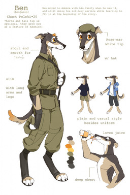 anthro belt beverage black_belt black_body black_bottomwear black_clothing black_fur black_pants black_shirt black_t-shirt black_topwear blue_clothing blue_topwear bottomwear clothed clothing drinking fur glistening glistening_eyes green_bottomwear green_clothing green_hat green_headwear green_jacket green_pants green_shorts green_topwear hat headgear headwear holding_beverage holding_object horn jacket male orange_body orange_eyes orange_fur orange_horn pants shirt shorts side_view simple_background small_horn solo standing t-shirt tan_body tan_fur text topwear unsigned white_background white_body white_clothing white_fur white_topwear asnnonaka ben_(asnnonaka) canid canine canis domestic_dog mammal english_text full-length_portrait half-length_portrait headshot_portrait hi_res model_sheet portrait