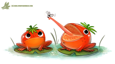 ambiguous_gender black_eyes duo feral food fruit humor imminent_vore insect_wings lily_pad plant pun simple_background tomato tongue tongue_out visual_pun water white_background wings piper_thibodeau amphibian arthropod fly_(animal) food_creature frog insect digital_media_(artwork) digital_painting_(artwork) painting_(artwork) signature