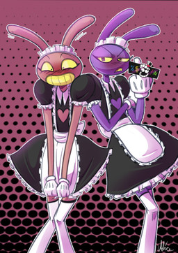 4_fingers annoyed anthro blush caine_censorship censor_bar clothed clothing clothing_pull covering covering_self crossdressing dress dress_pull duo ear_twitch fingers flustered gesture hand_gesture heart_symbol looking_at_viewer maid_headdress maid_uniform male middle_finger uniform screaming_alice glitch_productions the_amazing_digital_circus evil_jax_(tadc) jax_(tadc) lagomorph leporid mammal rabbit absurd_res hi_res