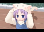 :3 animal_hat blue_eyes cat_hat clothed clothing costume fake_cat_ears fake_ears female hair hat headgear headwear human_only kitty_hat not_furry open_mouth overalls parody purple_hair short_hair solo tareme yumeutarium amamiya_minato kanon_(visual_novel) key_(company) lucky_star tencent tsukasa_hiiragi human mammal grandfathered_content letterbox