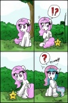 ?! ciriliko comic creeper_(minecraft) crossover equid equine exclamation_point feathered_wings feathers female feral friendship_is_magic glowing hair hasbro hi_res horn mammal microsoft minecraft mojang multicolored_hair my_little_pony mythological_creature mythological_equine mythology outside pink_hair plant princess_celestia_(mlp) purple_eyes quadruped question_mark shrub sitting sparkles star tail tree winged_unicorn wings wood xbox_game_studios