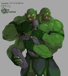 2_heads barazoku beard body_hair bottomwear clothing facial_hair green_body green_skin loincloth male multi_head muscular muscular_humanoid muscular_male not_furry orcus_challenge shoulder_hair solo rickleone humanoid orc himbo hi_res