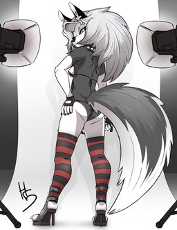 anthro black_claws bottomwear bra breasts butt claws cleavage clothed clothing collar ear_piercing ear_ring eyeshadow feet female fingerless_gloves footwear fur gloves grey_body grey_eyeshadow grey_fur grey_hair hair hair_over_eye hand_on_hip handwear high_heels inside legwear lidded_eyes lingerie long_hair looking_at_viewer looking_back looking_back_at_viewer makeup notched_ear panties pattern_bottomwear pattern_bra pattern_clothing pattern_legwear pattern_panties pattern_topwear pattern_underwear photo_shoot piercing pose rear_view red_sclera ring_piercing shoes small_breasts solo spiked_collar spikes standing striped_bottomwear striped_bra striped_clothing striped_legwear striped_panties striped_topwear striped_underwear stripes studio_lights tail toes topwear underwear underwear_only white_body white_eyes white_fur high5art hellaverse helluva_boss mythology loona_(helluva_boss) canid canid_demon canine demon hellhound mammal mythological_canine mythological_creature 2024 absurd_res digital_drawing_(artwork) digital_media_(artwork) full-length_portrait hi_res portrait signature