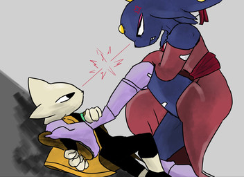 anthro avian_feet black_bodysuit black_clothing black_eyes black_nose black_skinsuit blue_body blue_fur bodysuit clothing cross-popping_vein dress duo ear_piercing eyeshadow female floppy_ears forehead_gem fur gem grey_background larger_female lop_ears makeup male piercing pink_clothing pink_dress prosthetic prosthetic_leg prosthetic_limb red_eyeshadow side_view simple_background size_difference skinsuit smaller_male tan_body tan_fur thick_thighs tight_clothing wide_hips yellow_clothing knightoftheoni1 nine_sols red_candle_games goumang_(nine_sols) yi_(nine_sols) felid feline mammal solarian hi_res