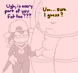 anthro baseball_cap belly big_bulge biped blush bulge bulge_grab clothing detailed_bulge duo grope hat headgear headwear kerchief male male/male male_anthro navel neckerchief neckwear overweight shortstack shortstack_male size_difference text lxzylux bandai_namco digimon angoramon digimon_(species) impmon english_text hi_res
