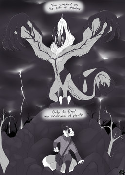 anthro big_tail boots bottomwear breasts claws clothing dark_clouds dead_tree dialogue dripping_text duo electricity exclamation_point female female_focus footwear glowing glowing_eyes horn huge_claws huge_tail jacket larger_female lightning looking_at_another looking_back looming_over low-angle_view male medium_breasts mouthless multi_tail multicolored_body nipple_outline no_pupils nude nude_female ominous ominous_background open_mouth pants plant rock shoes shoulder_bag size_difference small_comic surprised tail tail_claws text thick_thighs threatening threatening_words topwear tree two_tone_body blackfox85 nintendo pokemon gin_(blackfox85) canid canine fox fox_spirit generation_6_pokemon legendary_pokemon mammal pokemon_(species) yveltal absurd_res comic cover cover_art cover_page digital_media_(artwork) english_text first_page hi_res monochrome watermark