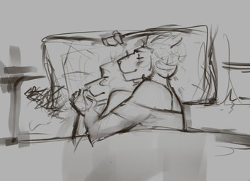 anthro bed bedroom blush broad_shoulders cuddling dominant dominant_female duo female furniture gentle_femdom hand_holding horn larger_female love male male/female pillow size_difference sleeping smaller_male smile spooning submissive submissive_male mixnmatt amber_(mixnmatt) austin_(mixnmatt) bovid canid canine canis caprine goat mammal black_and_white hi_res monochrome