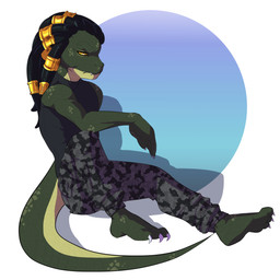3_toes 4_fingers 5_fingers accessory anthro barefoot biped black_hair bottomwear camo camo_clothing camo_print cargo_pants claws clothed clothing countershading dreadlocks feet fingers frown fully_clothed green_body green_skin hair hair_accessory hair_ring male orange_sclera pants pattern_clothing simple_background sitting sleeveless_shirt solo toes yellow_eyes charmrage ikshun lizard reptile scalie 1:1 cel_shading full-length_portrait hi_res portrait shaded