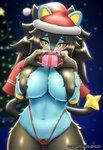 anthro big_breasts bikini bikini_bottom black_body black_fur blue_body blush breast_curtains breasts clothed clothing female fur holidays looking_at_viewer solo swimwear two-piece_swimsuit faroula christmas nintendo pokemon felid generation_4_pokemon luxray mammal pokemon_(species) hi_res