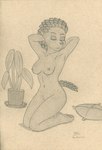 anthro areola breasts eyes_closed female hands_behind_head kneeling looking_away medium_breasts nipples nude pillow plant plant_pot pose shaved simple_background solo textured_background lobar babasa echidna mammal monotreme graphite_(artwork) hi_res monochrome traditional_media_(artwork)