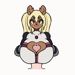 anthro big_breasts blonde_hair breast_play breasts cleavage_cutout cutout female genitals hair penis red_eyes sex smug solo titfuck unknown_artist vermin_fight_club amai_kuma bear mammal vermin_(species) 1:1 animated low_res