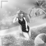 anthro beach biped breasts camera_view clothed clothing female looking_at_viewer open_mouth outside seaside smile solo standing dafka inora_weissklaue canid canine mammal 1:1 greyscale monochrome