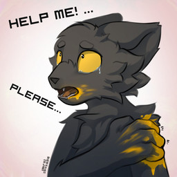 4_fingers ambiguous_gender anthro arm_tuft begging begging_for_help big_ears big_eyes biped black_body black_fur black_nose blood blood_on_arm blood_on_face blood_on_hand blood_on_mouth bodily_fluids cheek_tuft chest_tuft colored_blood crying ellipsis exclamation_point eyebrows facial_tuft fangs fingers fluffy fluffy_chest fur head_tuft looking_at_viewer looking_up pain pink_background short_snout shoulder_tuft simple_background solo talking_to_viewer tears teeth text thick_eyebrows tongue tuft unusual_blood unusual_bodily_fluids vignette wound_on_arm wounded yellow_blood yellow_eyes yellow_sclera mrkusaka casualties:_unknown canid canine expie_(gunsawian) gunsawian hybrid mammal murid murine rat rodent 1:1 2025 artist_name digital_drawing_(artwork) digital_media_(artwork) english_text hi_res portrait shaded watermark