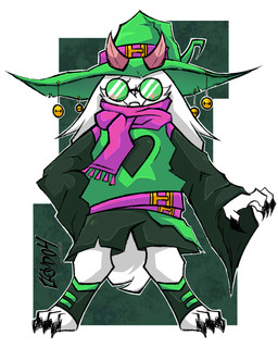 anthro bell belt blush claws clothing eyewear fangs fluffy fluffy_tail glasses gold_(metal) gold_jewelry green_clothing hat headgear headwear heart_symbol horn jewelry male pink_horn robe scarf simple_background solo tail teeth witch_hat cloud04 deltarune undertale_(series) ralsei bovid caprine goat mammal 4:5 colored hi_res