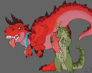 animal_genitalia anthro anthro_on_feral anus bestiality bodily_fluids cloaca collar cum duo feral genital_fluids genitals green_body green_scales knot male male/male penis red_body red_scales scales tongue tongue_out vertical_cloaca benji_(artist) marvel moon_girl_and_devil_dinosaur benji_alligator_(benji) devil_dinosaur_(moon_girl_and_devil_dinosaur) alligator alligatorid crocodilian dinosaur prehistoric_species reptile scalie 5:4 hi_res