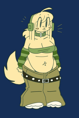 :3 anthro arm_warmers armwear bar_emanata belt bikini bikini_bottom blonde_hair blush bottomwear breasts cleavage clothed clothing collar electronics emanata eyebrow_through_hair eyebrows female footwear fur green_arm_warmers green_armwear green_bottomwear green_clothing green_pants green_topwear hair headphones low-riding navel navel_piercing pants piercing sagging_pants shoes solo swimwear tail tail_motion tail_tuft tailwag tan_body tan_fur topwear translucent translucent_hair tube_top tuft two-piece_swimsuit wolfertinger dj_(wolfertinger) afghan_hound canid canine canis domestic_dog hunting_dog mammal sighthound 2023 animated flat_colors hi_res trans_(lore) trans_woman_(lore)
