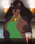 animated anthro apron areola big_breasts blush bodily_fluids breasts brown_areola brown_body brown_fur brown_nipples canid canine canis clothing countershading cross cross_necklace dobermann domestic_dog female fur heart_symbol hi_res i_mean_breast_milk infinite_milk jewelry lactating laverne_(sssonic2) mammal meme necklace nipples pinscher short_playtime solo speech_bubble thugji3