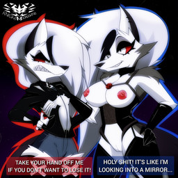angry anthro areola black_nose bottomwear breasts clothing dialogue dialogue_box duo ear_piercing eyelashes fangs female fur genitals gloves grey_body grey_eyes grey_fur hair handwear jacket leather leather_clothing leather_jacket leather_topwear lingerie nipples piercing red_areola red_nipples red_sclera spiderman_logo teeth text topwear vulva white_body white_fur white_hair knightmoonlight98 hellaverse helluva_boss marvel mythology spider-man_(series) loona_(helluva_boss) canid canid_demon canine demon hellhound mammal mythological_canine mythological_creature 1:1 english_text hi_res