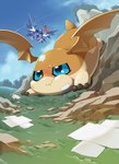 angry bandage blue_eyes bodily_fluids chibi claws crossbar_emanata crying_laughing duo emanata feral flying laugh tears wings toyuri_angrm bandai_namco digimon demidevimon digimon_(species) patamon hi_res