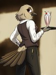 anthro beverage bottomwear clothing dress_shirt female looking_back milkshake pants shirt solo tail topwear vest waiter waiter_suit waiter_tray waitress_uniform fish_birb millie_(fish_birb) avian bird oscine passerine starling_(bird) absurd_res hi_res