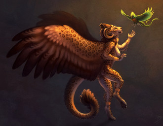 ambiguous_gender anklet anthro areola barely_visible_nipples bracelet breasts brown_body brown_feathers casual_nudity choker choker_only duo fangs feathered_wings feathers female feral fluffy fluffy_tail flying foreshortening fur gold_(metal) gold_anklet gold_bracelet gold_choker gold_jewelry gold_necklace green_body green_feathers horn jewelry larger_anthro larger_female light long_tail markings multicolored_body multicolored_feathers multicolored_fur multicolored_tail multicolored_wings necklace necklace_only nipples nude on_one_leg reaching shadow simple_background size_difference smaller_ambiguous smaller_feral social_nudity spots spotted_body spotted_feathers spotted_fur spotted_markings spotted_tail spotted_wings spread_wings standing tail tail_markings teeth textured_background thin_tail whiskers wings hanmonster avian bird felid hybrid jaguar mammal pantherine 2014 digital_media_(artwork) digital_painting_(artwork) painting_(artwork)