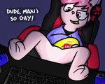 ambiguous_gender anthro barefoot beverage_can biped bottomless chips_(food) clothed clothing computer computer_keyboard desk dialogue electronics featureless_crotch feet food foot_on_table fur furniture gaming_chair hair legs_up pink_body pink_fur plantigrade shota simple_background sitting smile solo spread_legs spreading table text topwear topwear_only young young_ambiguous young_anthro pokefound lay's sonny_boop lagomorph leporid mammal rabbit 2019 5:4 digital_media_(artwork) english_text andromorph_(lore)