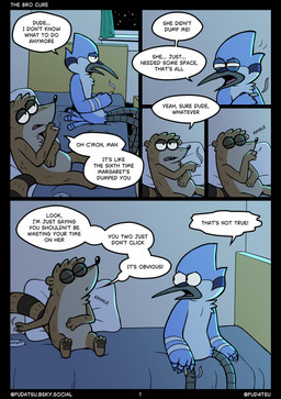 anthro ashtray bed blunt dialogue drugs duo furniture male marijuana on_bed pillow smoking smoking_marijuana speech_bubble text unrequited_love fudatsu cartoon_network regular_show mordecai_(regular_show) rigby_(regular_show) avian bird blue_jay corvid jay_(bird) mammal new_world_jay oscine passerine procyonid raccoon 2026 comic english_text hi_res