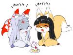 anthro black_hair cake dessert duo eyes_closed female food fur hair kemono open_mouth text white_body white_fur ukan_muri sakame_(ukan_muri) tsune-hime canid canine fox mammal translated