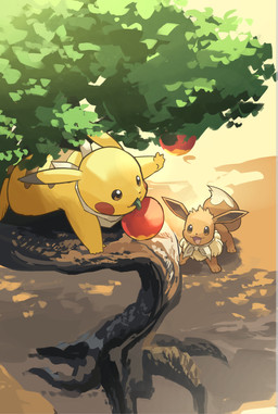ambiguous_gender apple brown_body brown_eyes brown_fur duo female feral food food_in_mouth fruit fur happy in_tree looking_at_another markings open_mouth plant roots striped_markings stripes tail tongue tree yellow_body hakkentai_pkdn nintendo pokemon pokemon_mystery_dungeon spike_chunsoft eevee generation_1_pokemon pikachu pokemon_(species) 2025 hi_res