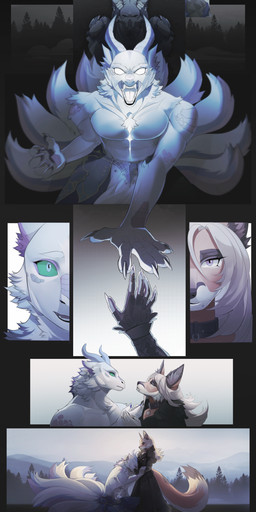 anthro biped claws clothed clothed_anthro clothed_female clothed_male clothing duo female fingers front_view fur hair horn kneeling male standing tail teeth tongue unknowhiter canid canine fox mammal 2026 absurd_res digital_drawing_(artwork) digital_media_(artwork) hi_res