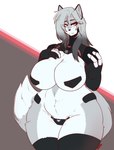 anthro beckoning big_breasts breasts clothing curvy_figure cybernetics female fur gesture hair huge_breasts legwear long_hair machine nipple_covers solo thick_thighs thigh_highs white_body white_fur wide_hips anuki cyborg absurd_res hi_res