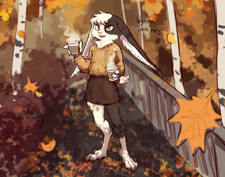 anthro autumn bangs barefoot beverage big_feet black_body black_fur bottomwear clothing coffee dialogue feet female fluffy forest forest_background fur fur_markings inner_ear_fluff leaf long_ears markings nature nature_background paws plant red_eyes skirt solo sweater text topwear tree tuft white_body white_fur yellow_clothing tateoftot lagomorph leporid mammal rabbit english_text