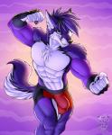 abs anthro biceps black_hair black_nose boxers_(clothing) bulge clothed clothing fur hair male muscular muscular_anthro muscular_male pecs purple_body purple_fur purple_hair simple_background solo tail topless underwear white_body white_fur vallhound shyloc canid canine canis fox hybrid mammal wolf digital_media_(artwork) hi_res purple_theme