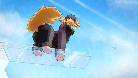 4_legs against_surface ambient_silhouette big_breasts big_butt big_tail black_clothing black_hair bottomwear breasts butt camel_toe clothed clothing cloud contrail countershade_tail countershading day detailed_background dipstick_limbs ear_tuft female fluffy fur glass glistening hair hand_on_breast inner_ear_fluff looking_at_viewer looking_down looking_down_at_viewer low-angle_view multi_limb multicolored_body multicolored_clothing on_glass on_glass_surface orange_body orange_fur outside paws purple_clothing purple_eyes quadruped silhouette sky skyscape solo standing standing_on_glass swimwear tail tan_body tan_fluff tan_fur text thick_thighs tight_clothing topwear translucent tuft two_tone_body wetsuit psychpsyo cameron_(psychpsyo) ambient_bird ambient_flier avian bird mammal mammal_taur taur 16:9 digital_drawing_(artwork) digital_media_(artwork) hi_res shaded signature widescreen