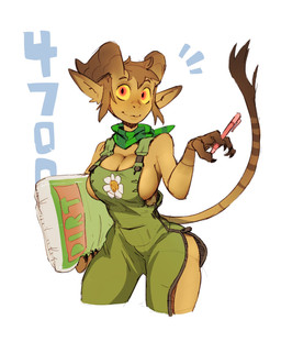 anthro big_breasts bone breasts brown_hair brown_horn brown_tail_tuft cleavage clothed clothed_anthro clothed_female clothed_humanoid clothing dirt emanata eyebrows female female_humanoid fingers flower follower_number front_view gardening green_clothing green_kerchief green_neckerchief green_overalls hair holding_object holding_writing_utensil horn humanoid_pointy_ears kerchief lips looking_at_viewer mouth_closed neckerchief neckwear overalls plant pointy_ears pose simple_background skull small_waist smile solo tail tail_tuft thick_thighs tuft white_background writing_utensil yellow_sclera foresttherotten demon demon_humanoid horned_humanoid humanoid tailed_humanoid 2020 digital_drawing_(artwork) digital_media_(artwork) hi_res portrait three-quarter_portrait