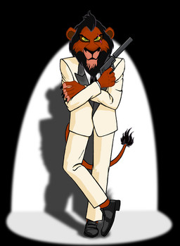 accessory anthro biped black_tie_(suit) bottomwear breasts clothed clothed_anthro clothed_male clothing dress_shoes footwear front_view fully_clothed green_eyes gun handgun light male male_anthro necktie pants pistol pose ranged_weapon shadow shoes silencer solo spotlight standing suit weapon white_bottomwear white_clothing white_pants white_tuxedo david_sauve 007 disney james_bond_(series) the_lion_king james_bond scar_(the_lion_king) digital_drawing_(artwork) digital_media_(artwork) full-length_portrait lighting portrait