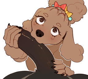 accessory anthro bow_accessory bow_ribbon fellatio female fluffy fluffy_ears fluffy_hair genitals hair hair_accessory hair_bow hair_ribbon handjob heart_eyes heart_symbol male male/female oral penile penis ribbons sex solo_focus ayannzer canid canine canis domestic_dog mammal poodle absurd_res hi_res