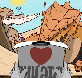 ambiguous_gender anthro big_breasts bikini bikini_top black_clothing blue_eyes blue_sky boulder breasts brown_body brown_eyes brown_scales brown_skin clothing confession dunes exclamation_point faceless_character faceless_human fangs female first_person_view grey_body grey_scales grey_skin group heart_symbol holding_object holding_paper horn larger_female looking_at_viewer orange_body orange_scales orange_skin paper platform purple_bikini purple_bikini_top purple_clothing purple_swimwear question_mark rock sand scales size_difference sky sun swimwear tan_body tan_scales tan_skin teeth text trio tusks two-piece_swimsuit white_sclera crimsontyd capcom monster_hunter anon dah'ren_mohran elder_dragon human humanoid jhen_mohran leviathan_(mh) mammal absurd_res english_text hi_res