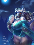 anthro asian_clothing big_breasts bottomless breasts chest_tuft cleavage clothed clothing east_asian_clothing female fur hair hand_fan japanese_clothing kimono moon solo text thick_thighs tuft uchiwa_fan ni_jikan mammal procyonid raccoon japanese_text signature translated